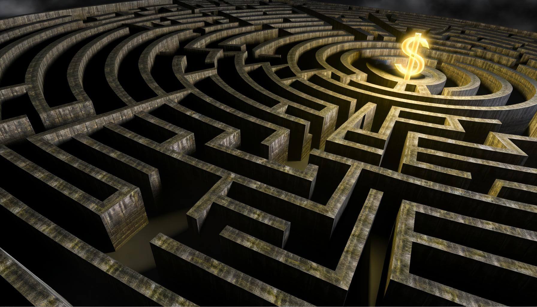 A complicated maze with a dollar sign at the end