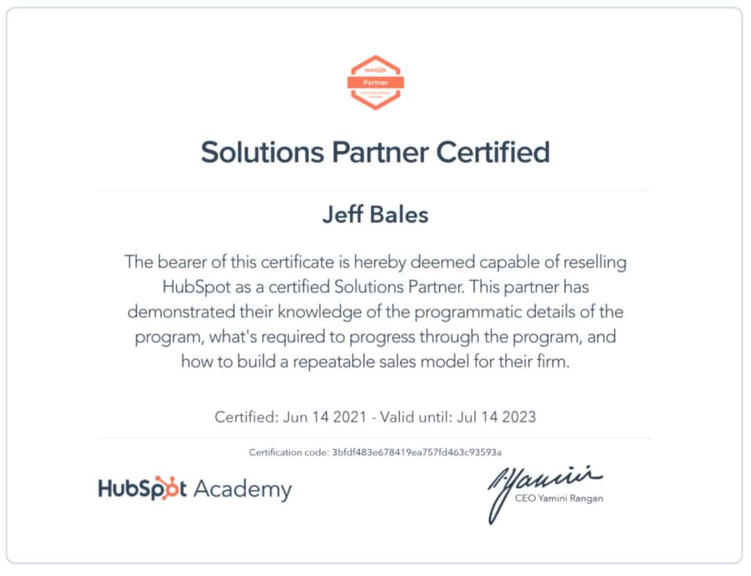 Jeff Bales HubSpot Certificate